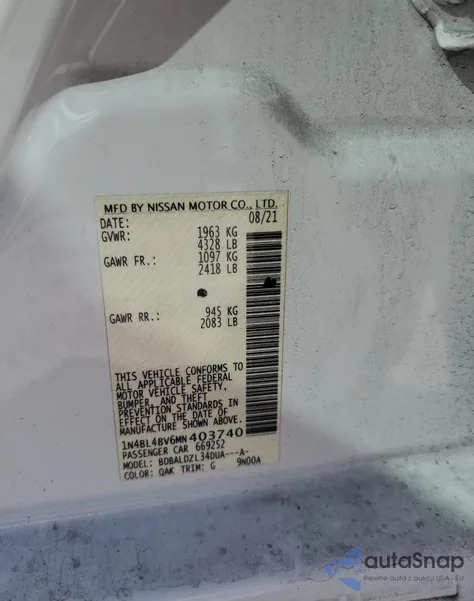 2021 Nissan Altima S z USA, uszkodzony, nr VIN 1N4BL4BV6MN403740